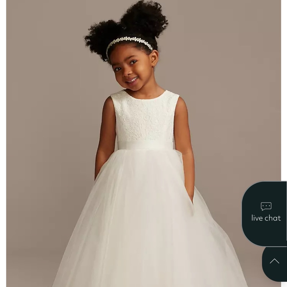 David's Bridal White Flower Girl Dress with Heart Back